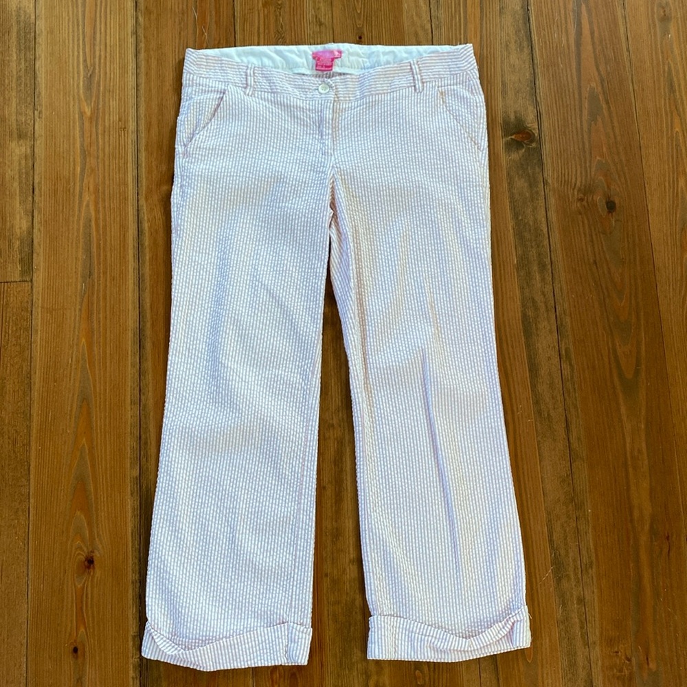 97% Cotton Seersucker Pink/White Capri Pants